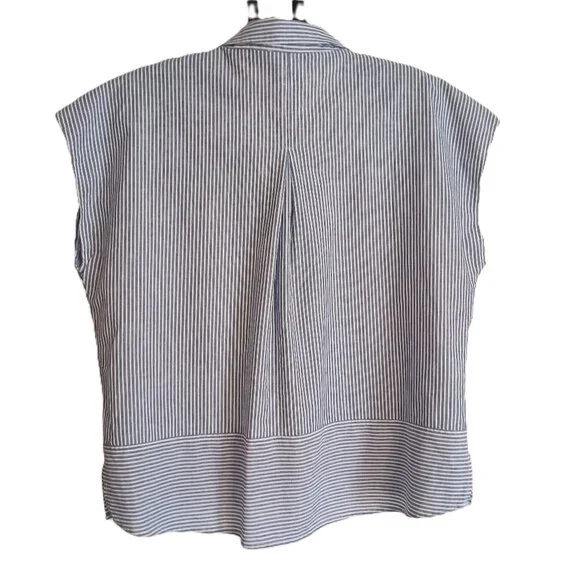 DKNY Comfy Blue White Stripe Linen Blend Sleeveless V-Neck Collared Shirt Wmn L - Picture 3 of 14